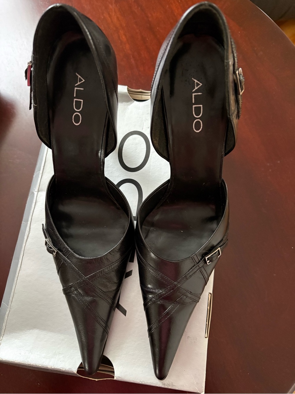 Aldo Black Pointed Toe Ankle-Strap Pumps